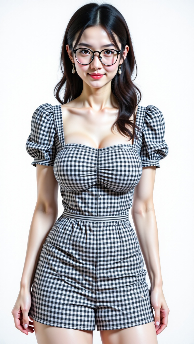 A young Asian woman stands confidently,  exuding a playful and energetic vibe. She has a youthful and fresh face,  with de...
