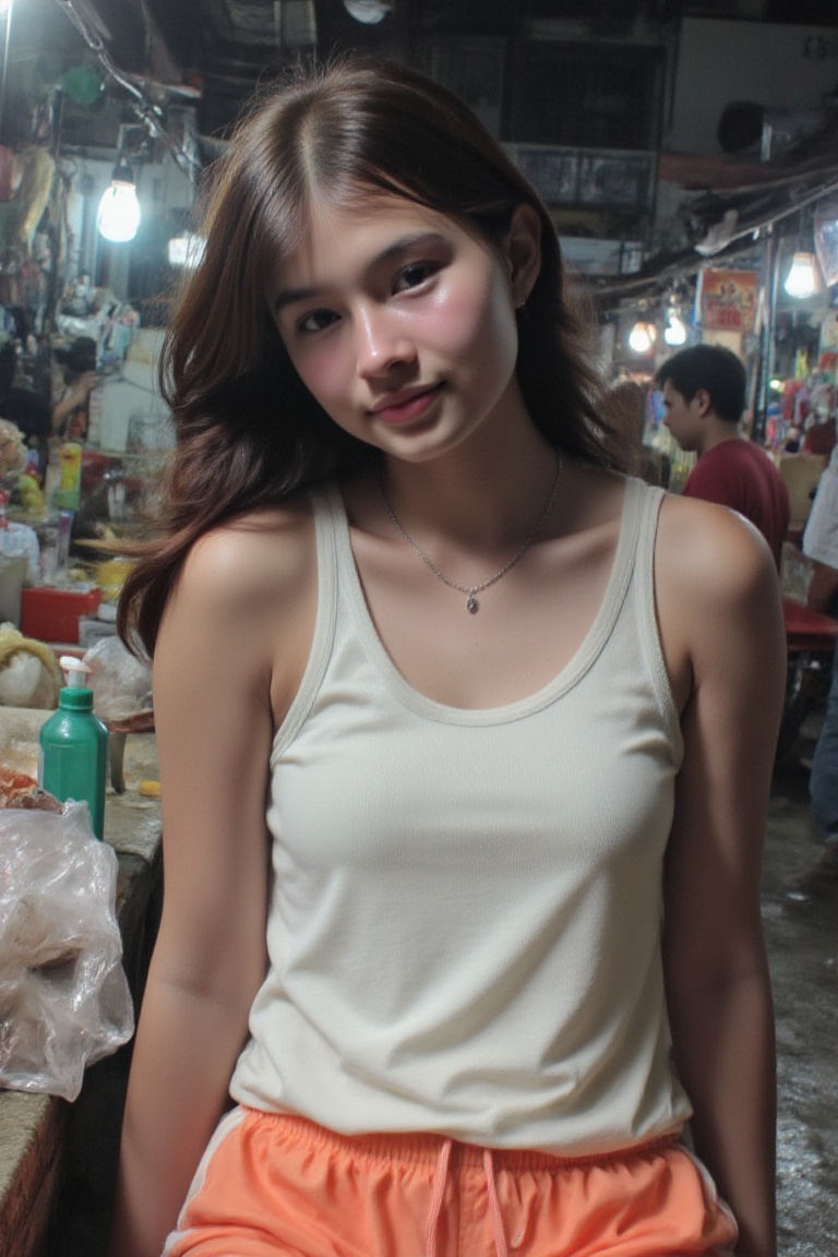 The image shows a young woman sitting on a surface. She is wearing a white sleeveless top t-shirt and orange shorts. She h...