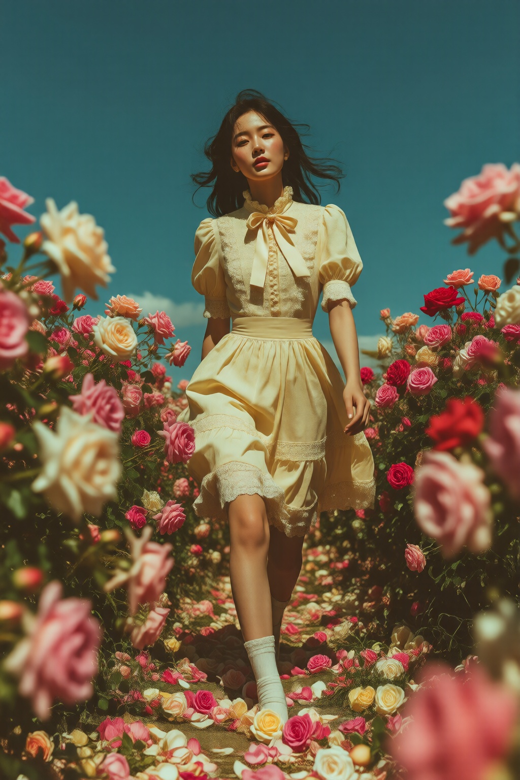 midjourneymix10q photograph. Full body shot of a young Korean woman with long,  dark,  wind-blown hair is walking through...
