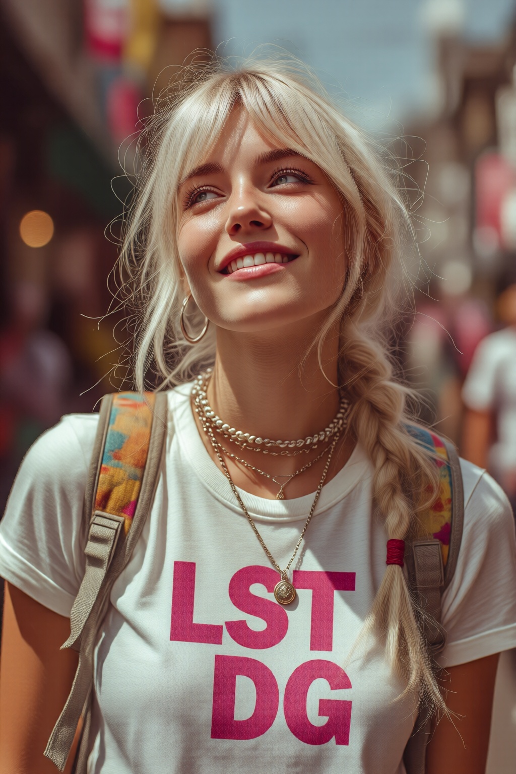 midjourneymix10q photograph. A young American woman with long,  blonde hair tied back,  is blowing a bubble gum while glan...