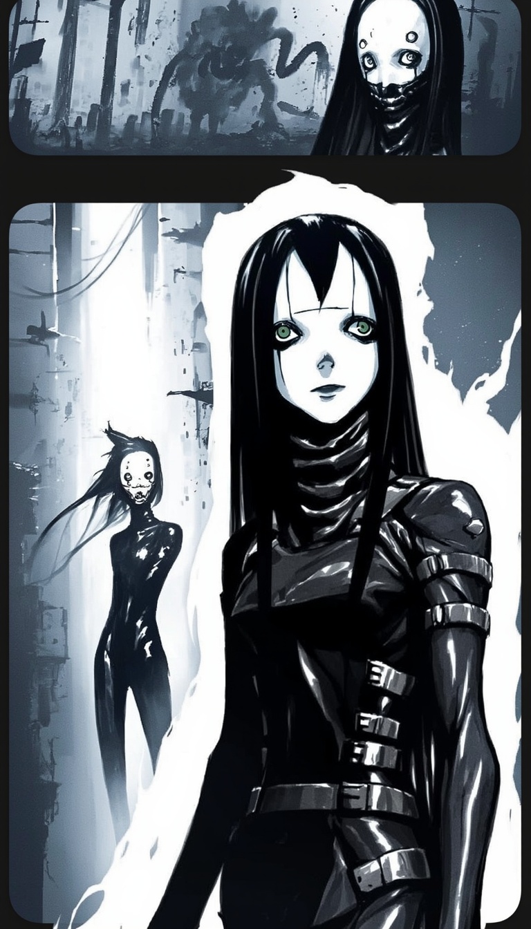 a monochrome manga by tsutomu nihei,  black hair,  makeup on Tensor.Art
