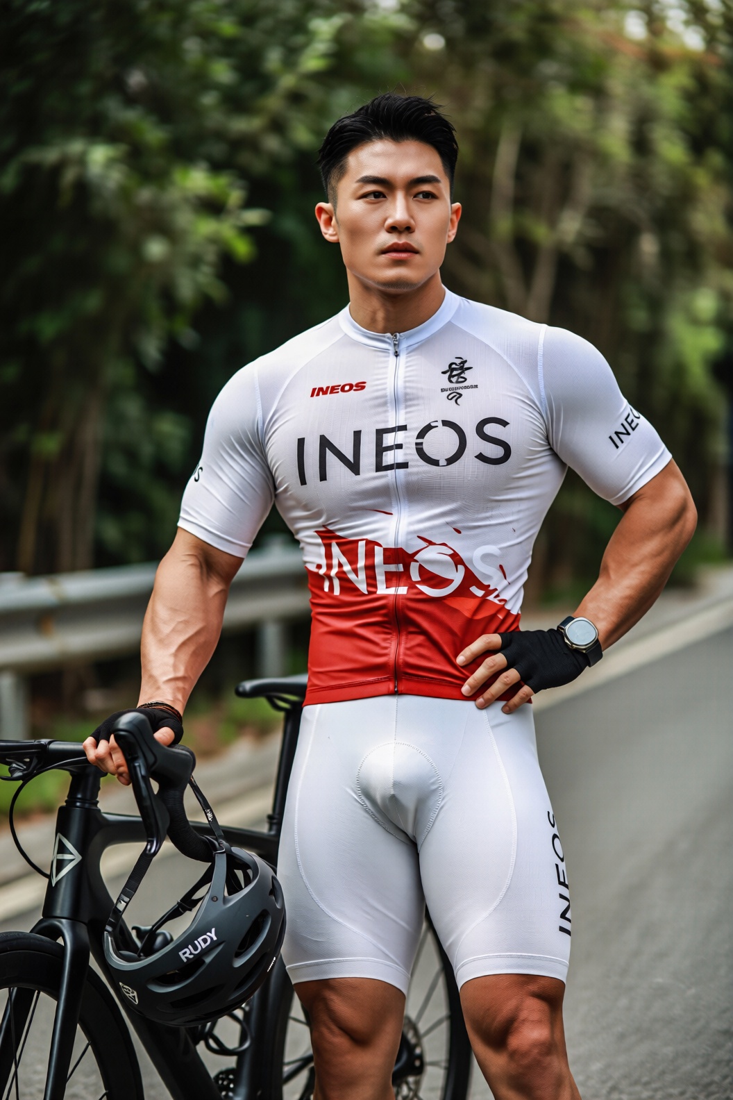 In the picture,  a cyclist showed a different style,  with three-dimensional facial features and sharp eyes. He was wearin...