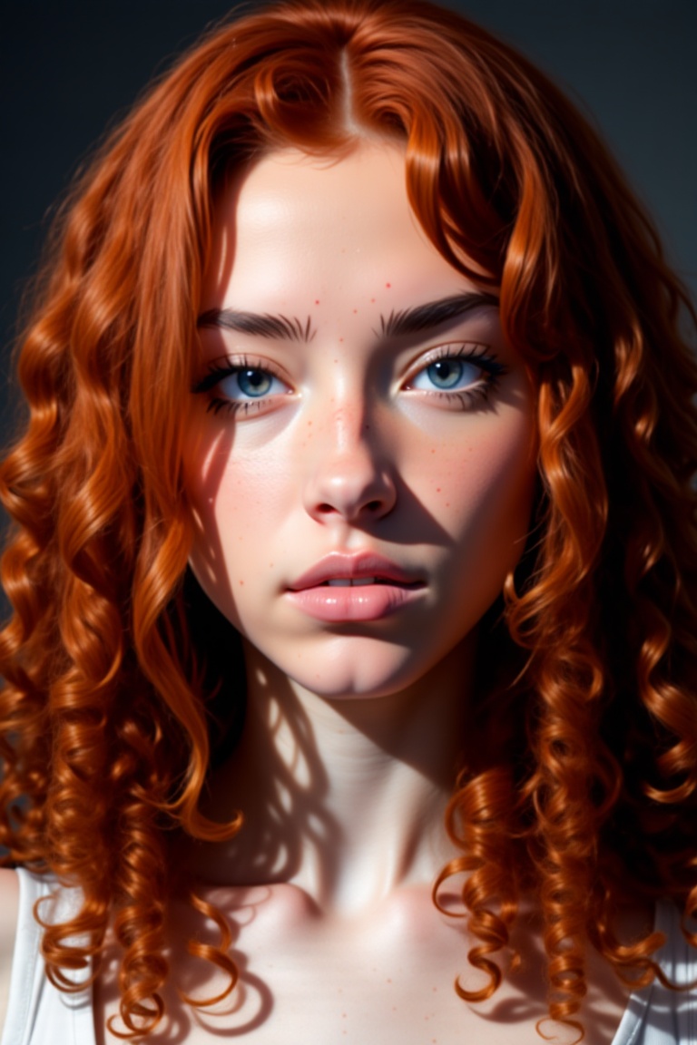 The image is a close-up portrait of a young woman's face. The woman has long,  curly red hair that is styled in loose curl...
