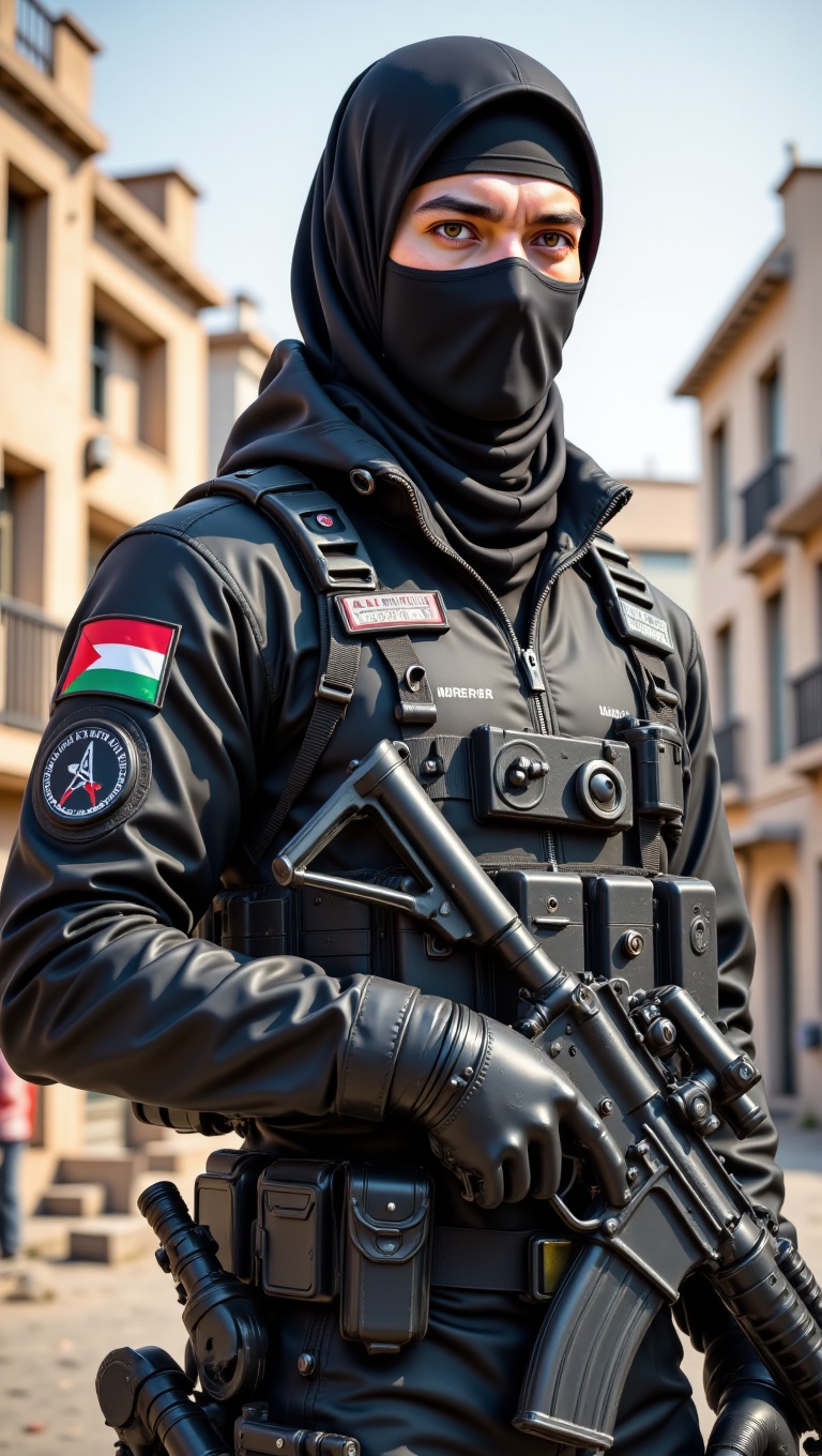 Hasilkan satu imej seorang tentera lelaki memakai penutup mulut hitam yang memakai uniform tentera berwarna hitam lengkap...