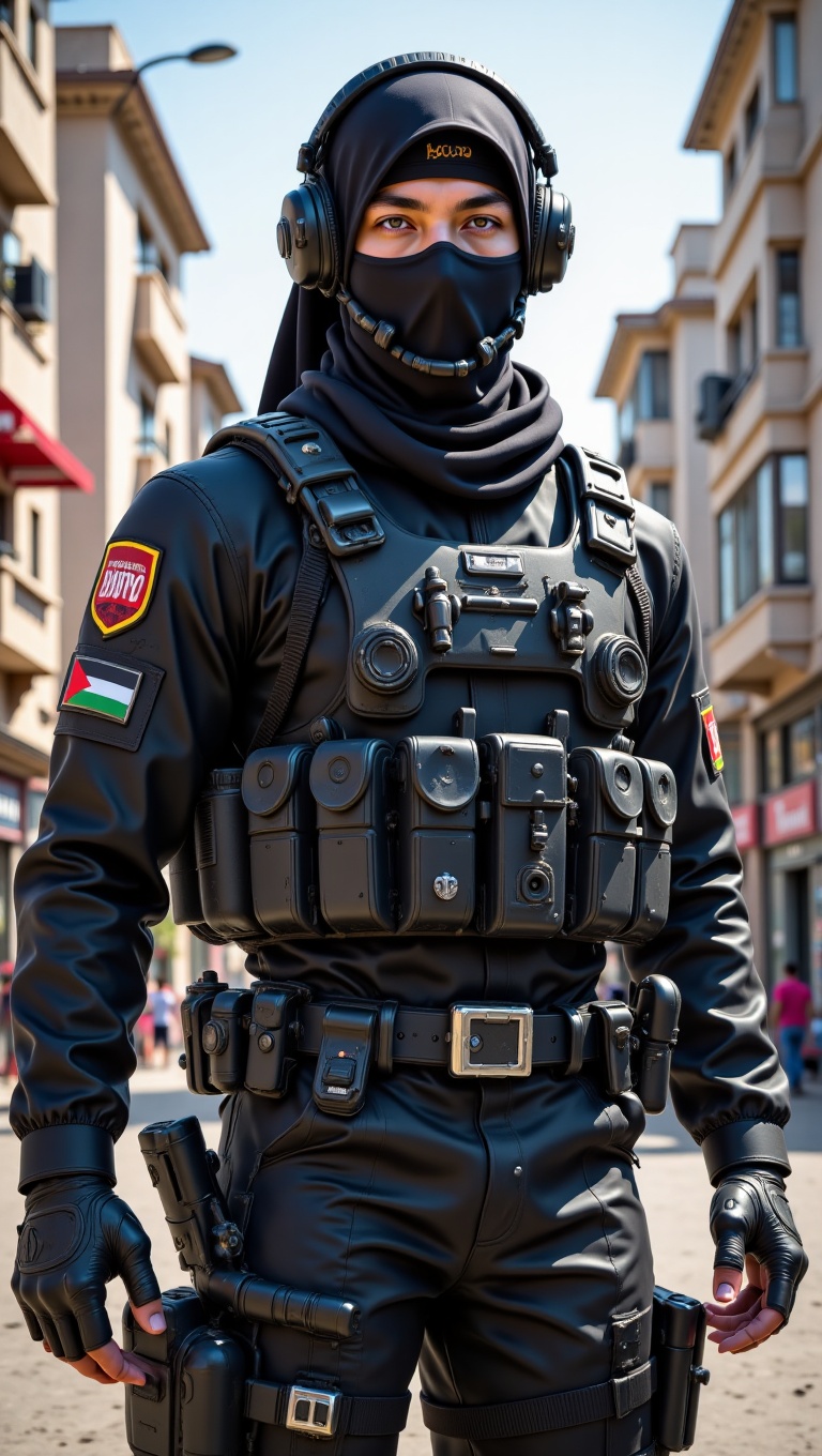 Hasilkan satu imej seorang tentera lelaki memakai penutup mulut hitam yang memakai uniform tentera berwarna hitam lengkap...