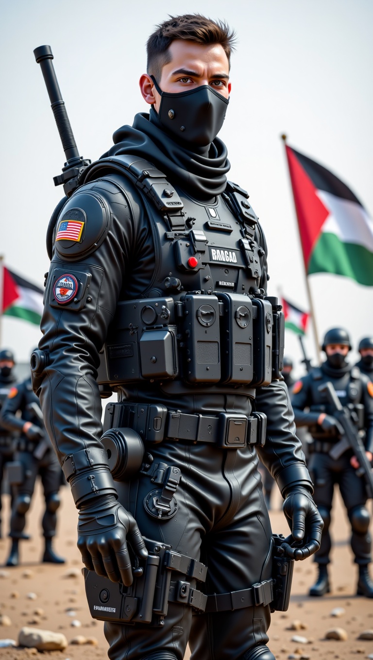 A hyper-realistic,  cinematic scene of a proud male soldier standing tall. He wears a complete black military armored suit...