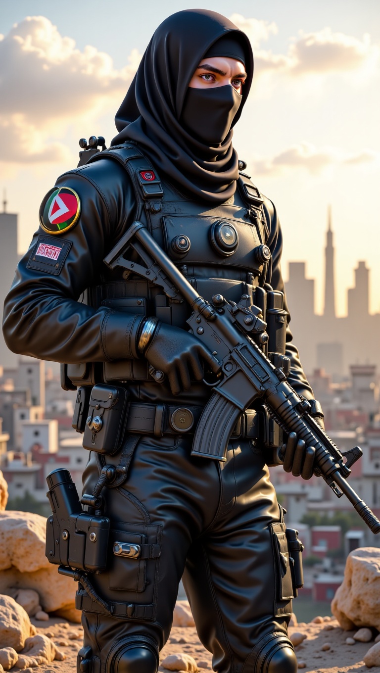 Hasilkan satu imej seorang tentera lelaki memakai penutup mulut hitam yang memakai uniform tentera berwarna hitam lengkap...