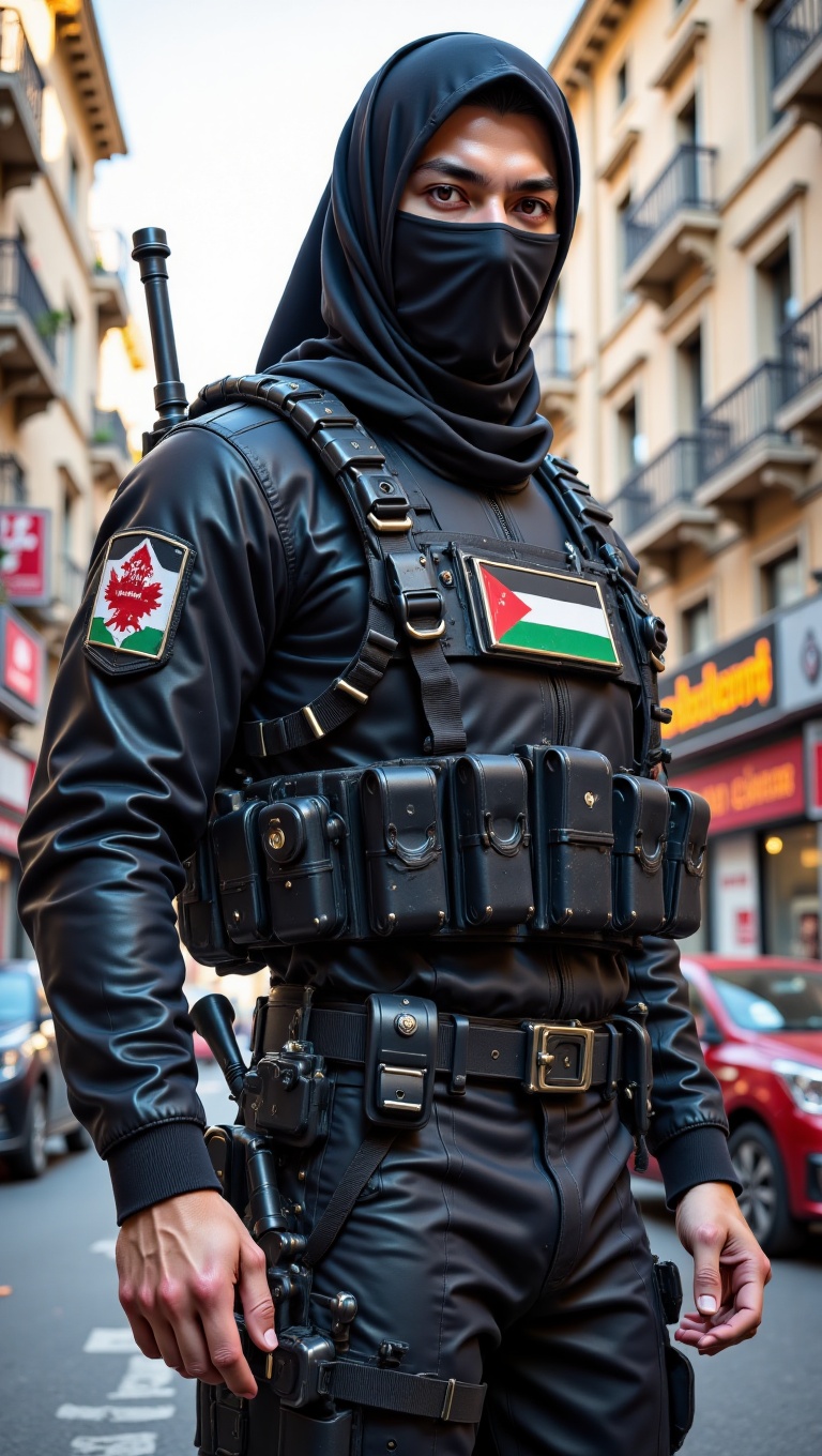 Hasilkan satu imej seorang tentera lelaki memakai penutup mulut hitam yang memakai uniform tentera berwarna hitam lengkap...