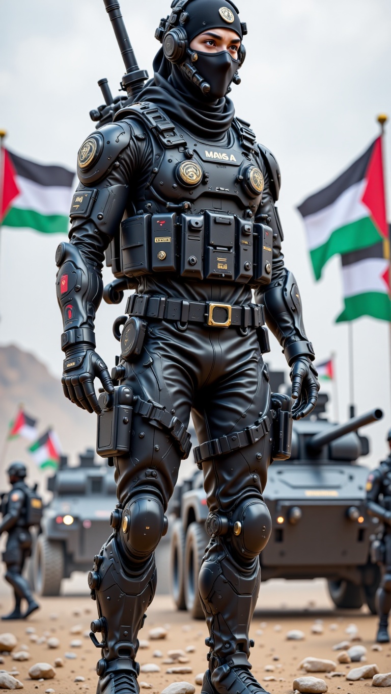 A hyper-realistic,  cinematic scene of a proud male soldier standing tall. He wears a complete black military armored suit...