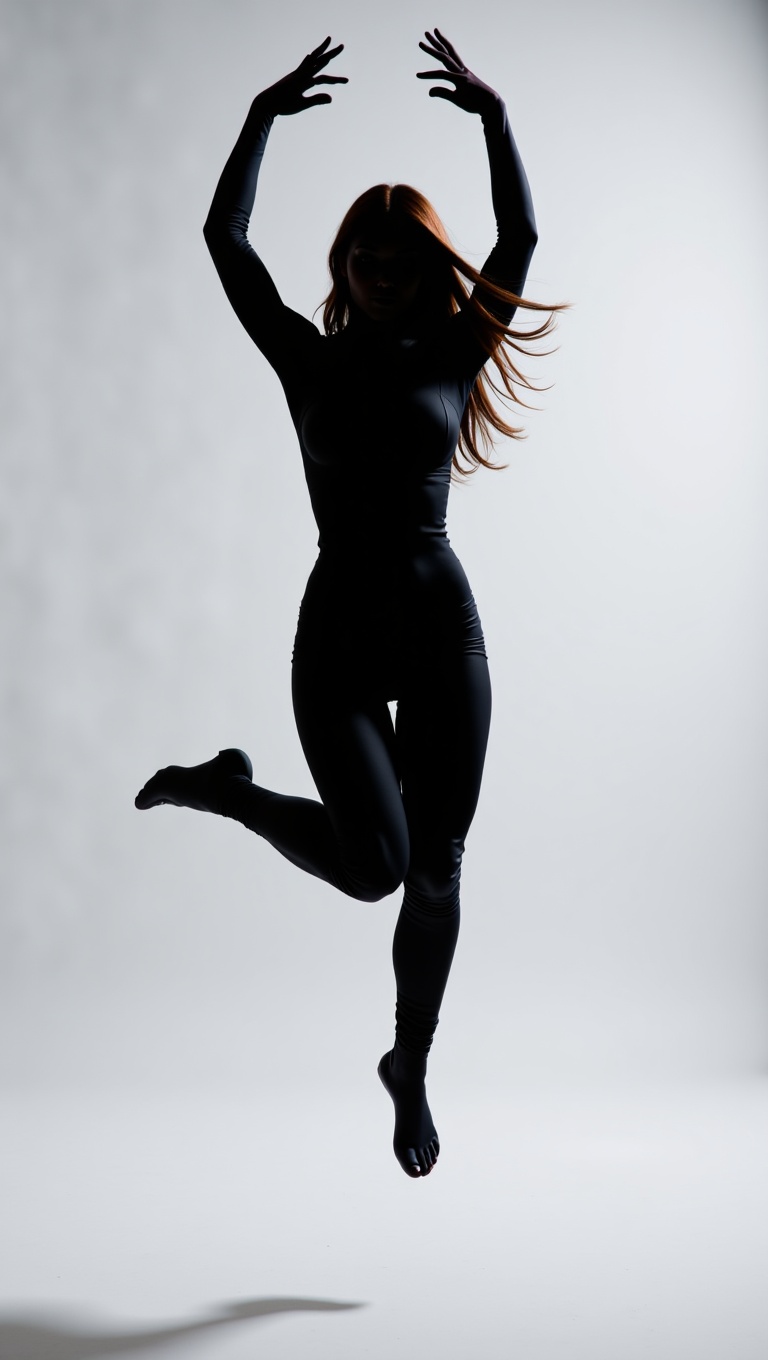 An "action" pose where the model is captured seemingly jumping or floating in the air,  creating a feeling of weightlessne...