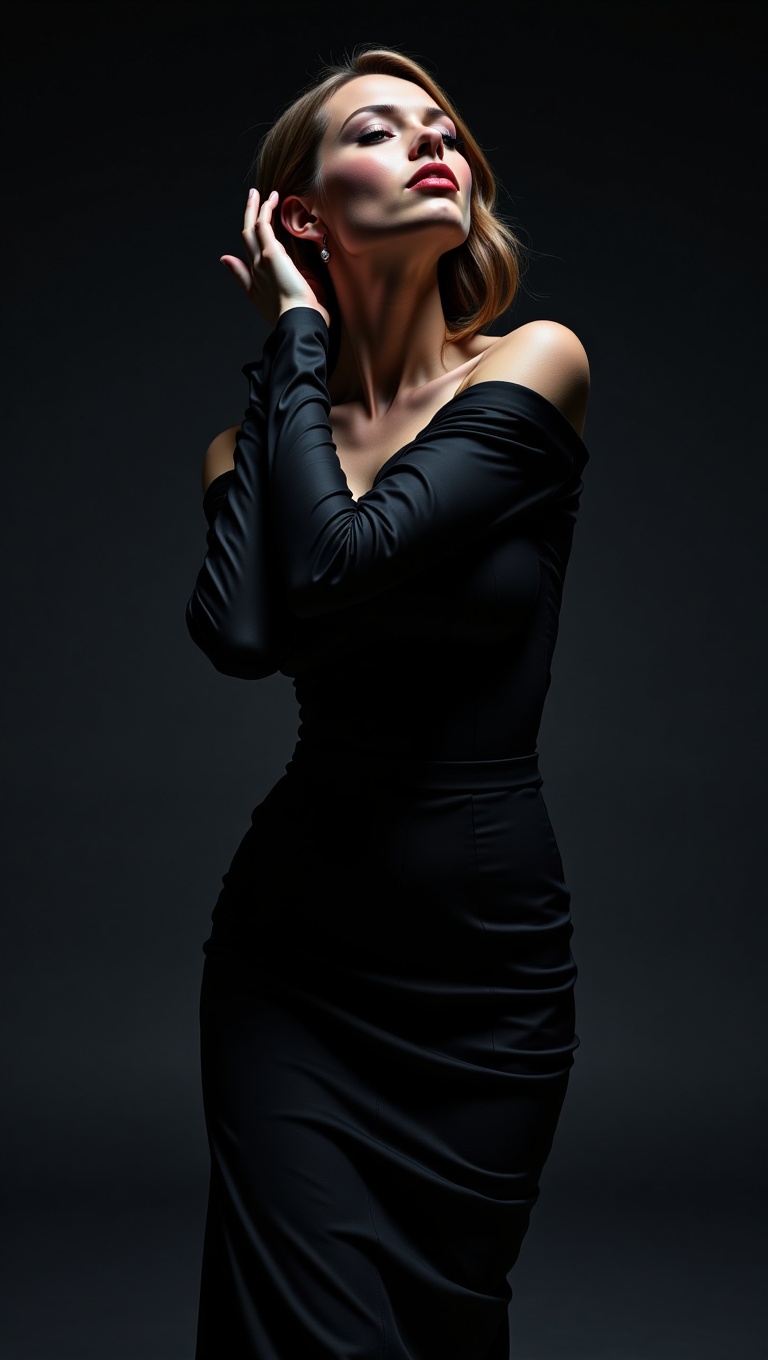 A full-length shot of a supermodel executing a dramatic high-fashion editorial pose,  involving an extreme arch of the bac...