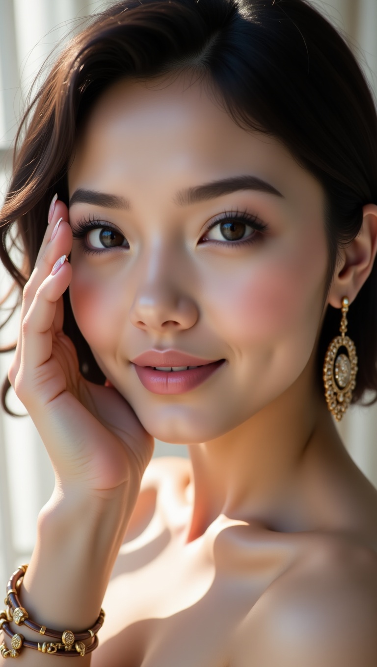 A beauty shot/close-up pose focusing on the model's face and shoulders. The hands are artfully framing the jawline or runn...