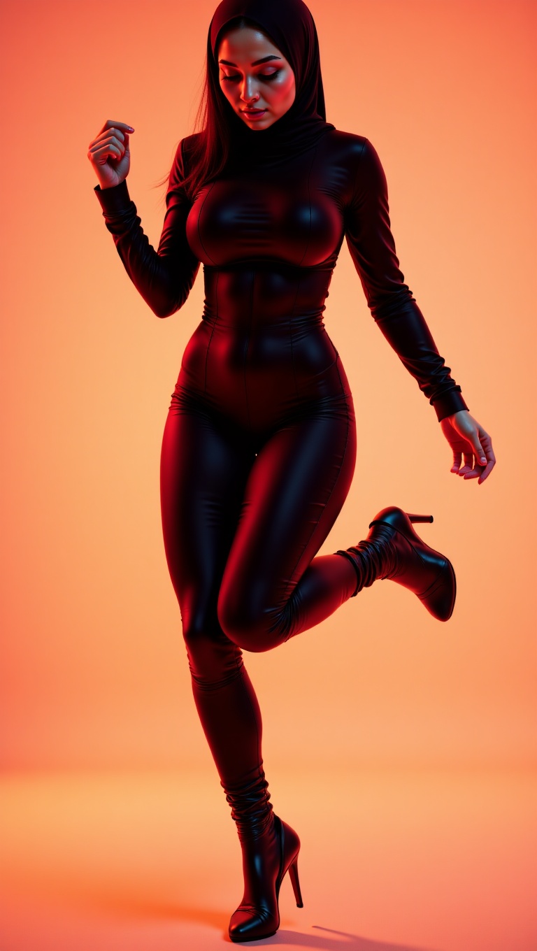 An "action" pose where the model is captured seemingly jumping or floating in the air,  creating a feeling of weightlessne...