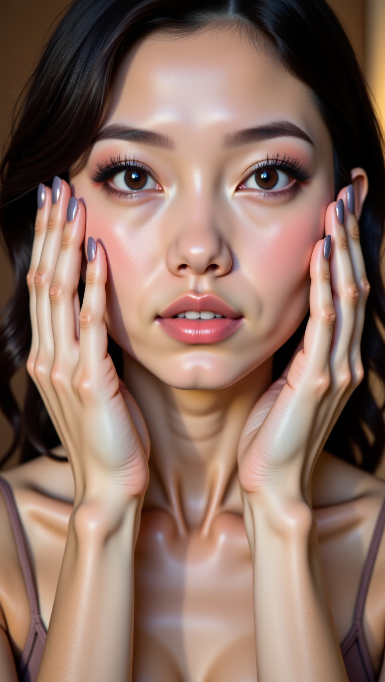 A beauty shot/close-up pose focusing on the model's face and shoulders. The hands are artfully framing the jawline or runn...