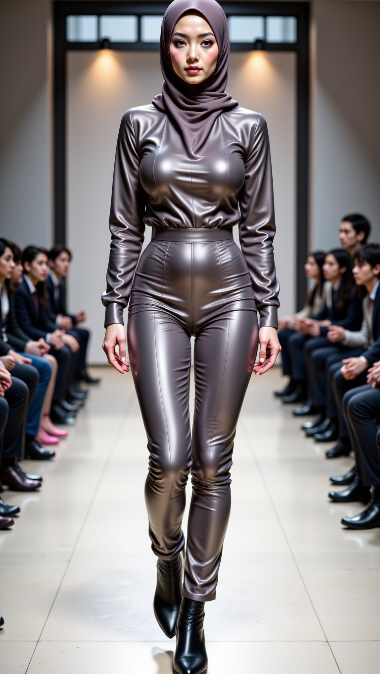 A "walking the runway" pose—a dynamic,  three-quarter shot capturing the moment of maximum stride extension. The model's c...