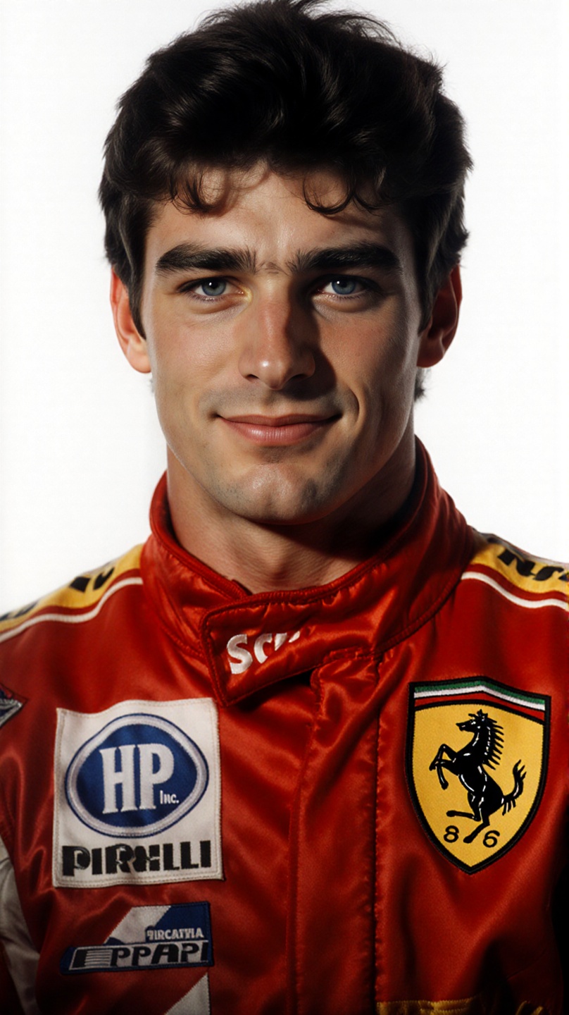 portrait of a young,  handsome rally driver from the 1980s standing confidently. He wears a red suit with detailed sponsor...