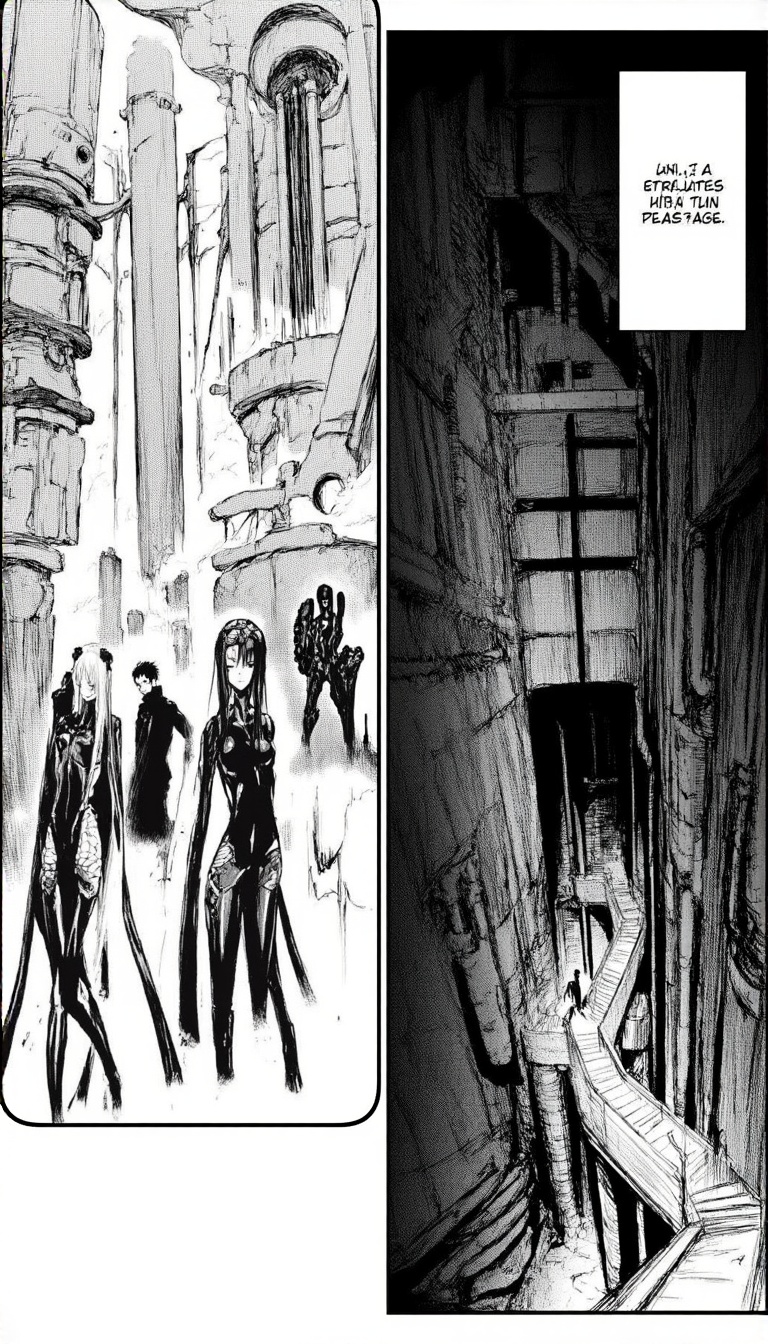 A tsutomu nihei monochrome manga aesthetic 1girl ,  long hair ,  1boy on Tensor.Art