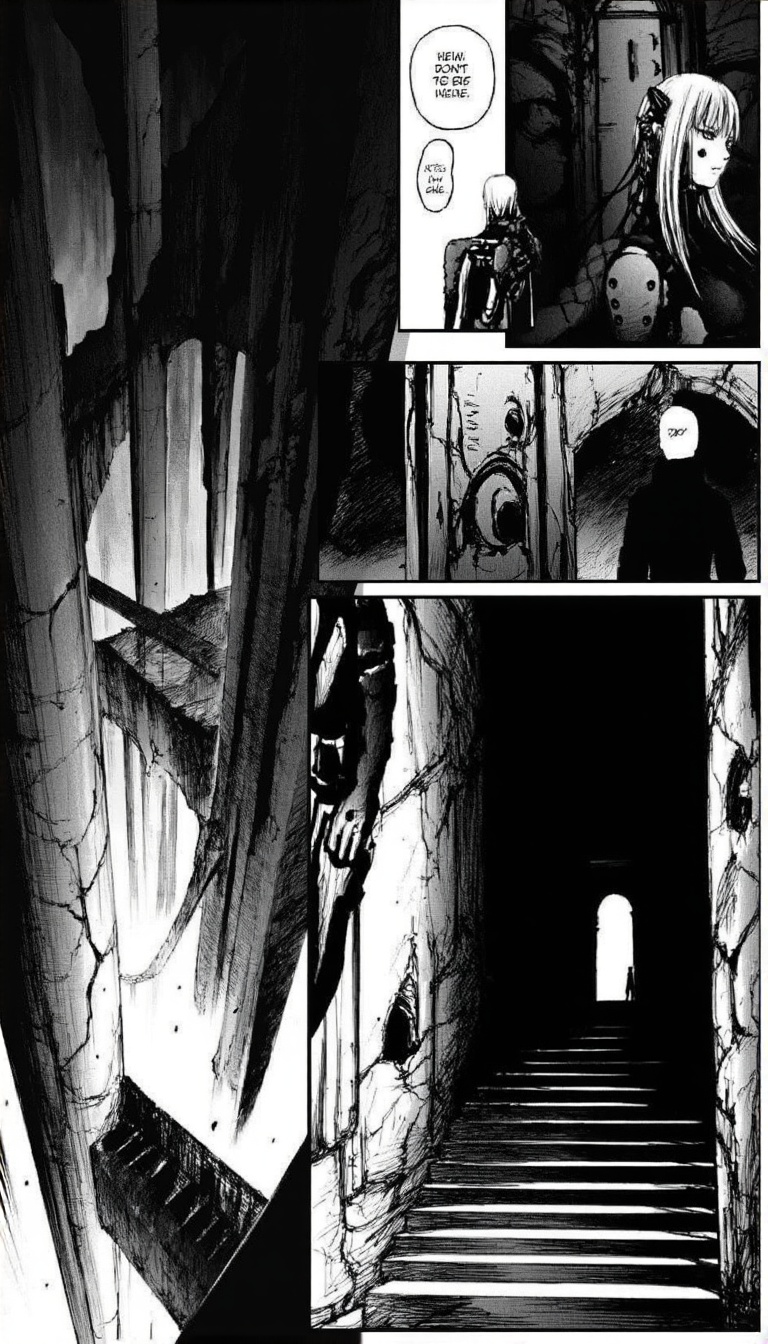 A tsutomu nihei monochrome manga aesthetic 1girl ,  long hair ,  1boy on Tensor.Art