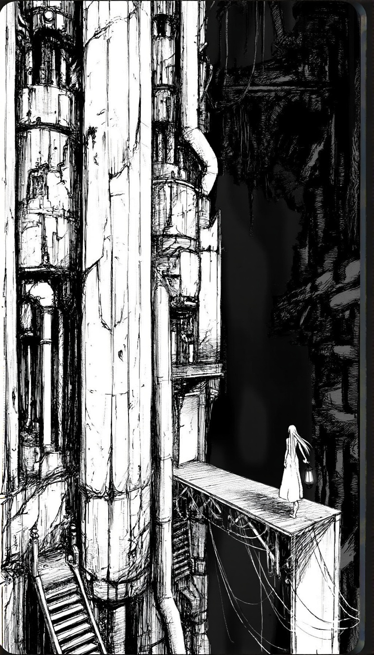 A tsutomu nihei monochrome manga aesthetic 1girl ,  standing ,  monochrome on Tensor.Art
