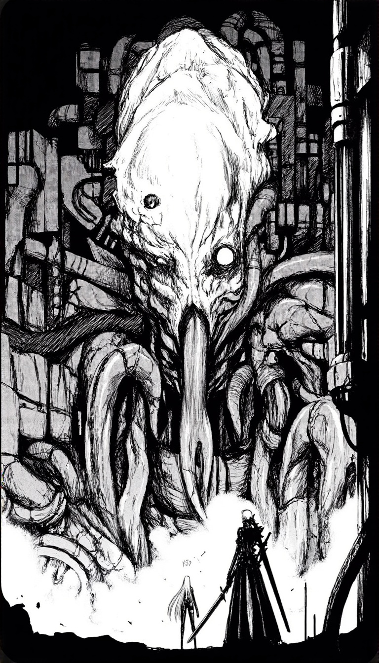 A tsutomu nihei monochrome manga aesthetic 1girl ,  long hair ,  standing on Tensor.Art