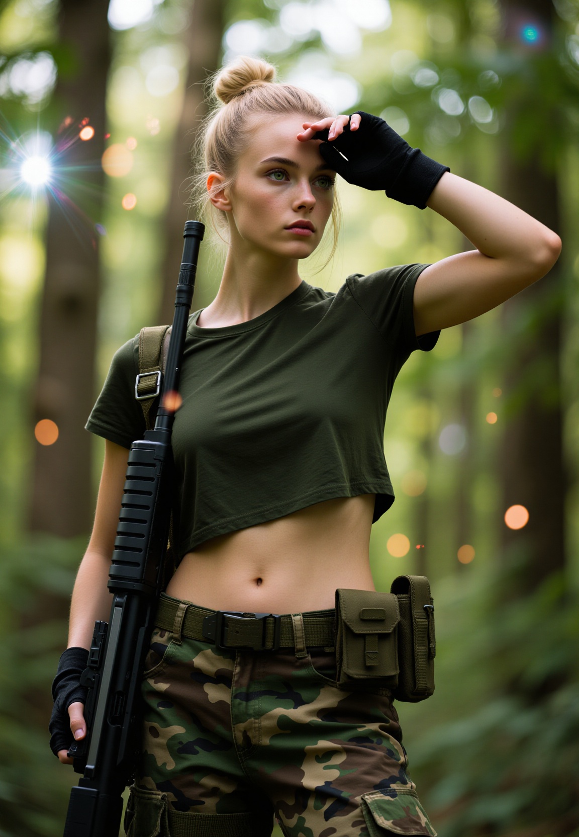 Capture a young woman in her early twenties,  with a slender yet athletic build,  standing in a lush forest on Tensor.Art