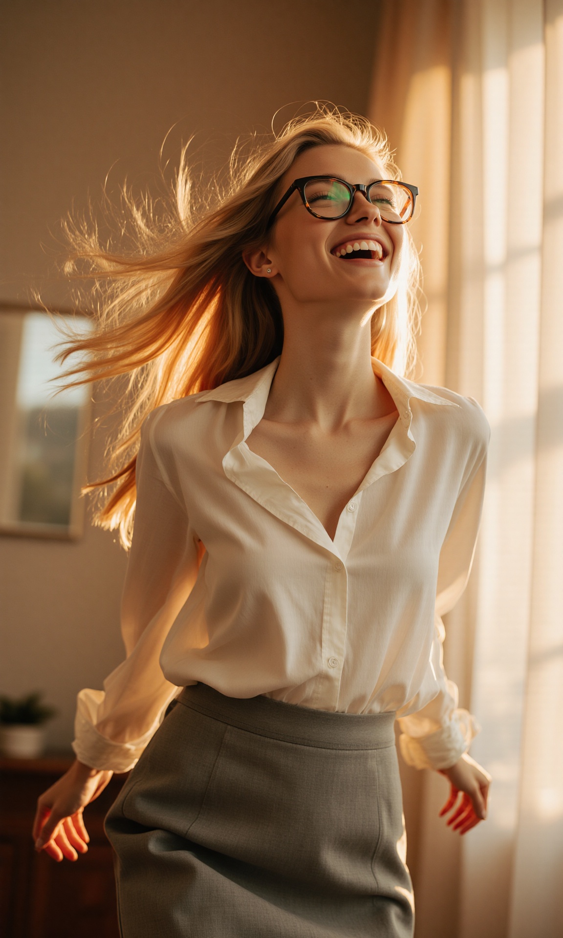 Create an image that captures a serene,  joyful moment of a woman in motion,  set against a backdrop that exudes warmth an...
