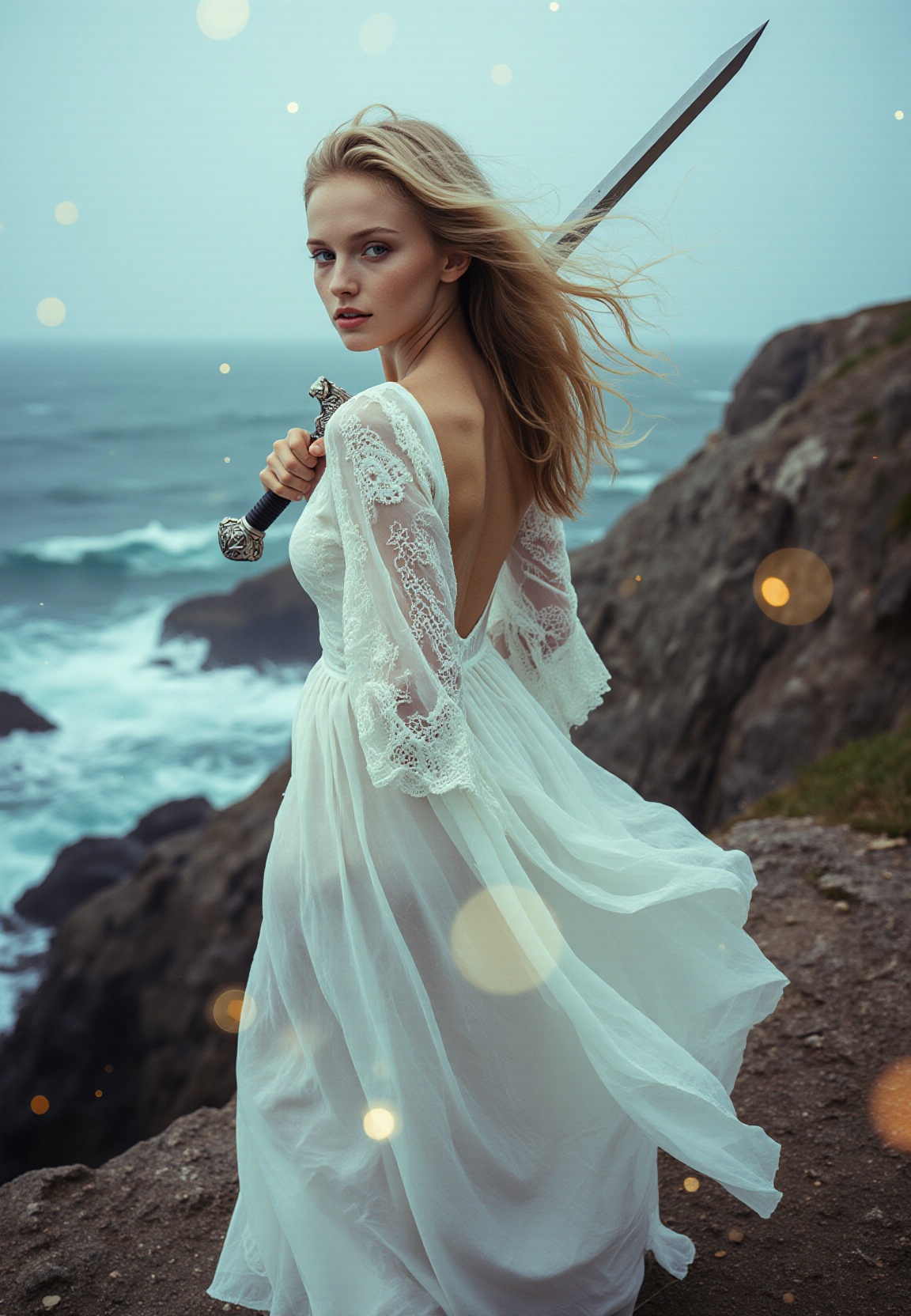 A youthful,  pert figure of a woman,  exuding a striking beautiful elegance reminiscent of David Hamilton's 1970s soft foc...