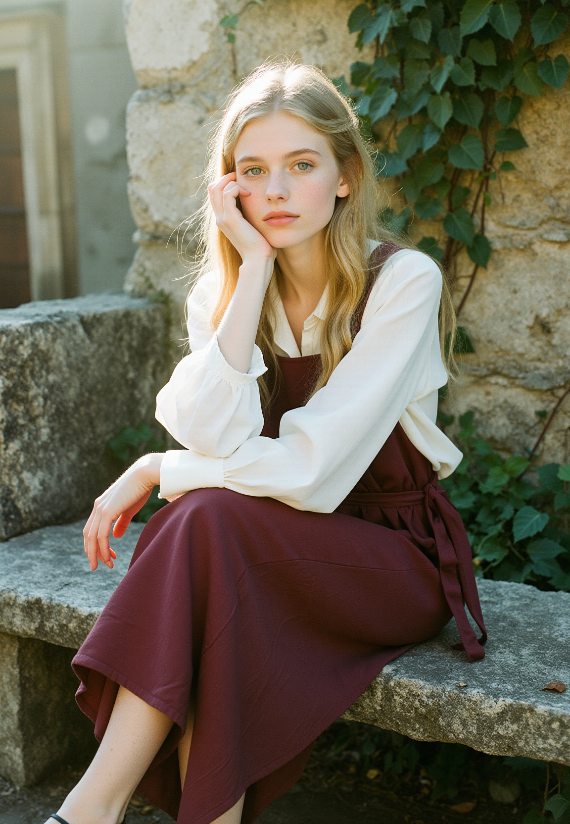 Capture a young woman,  likely between 18 to 22 years old,  sitting on a weathered stone bench in a quaint on Tensor.Art