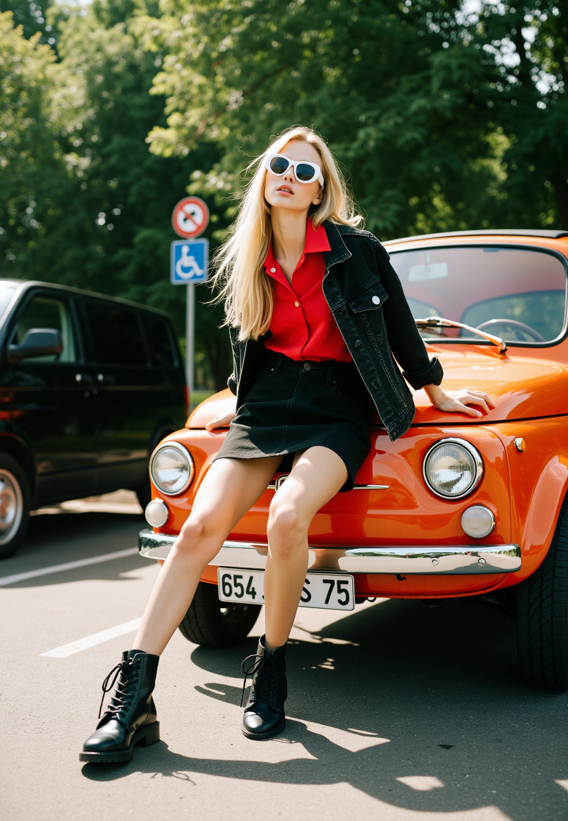 Capture a candid still of a young woman in her early twenties,  posing on the hood of a vintage orange Fiat,  positioned s...