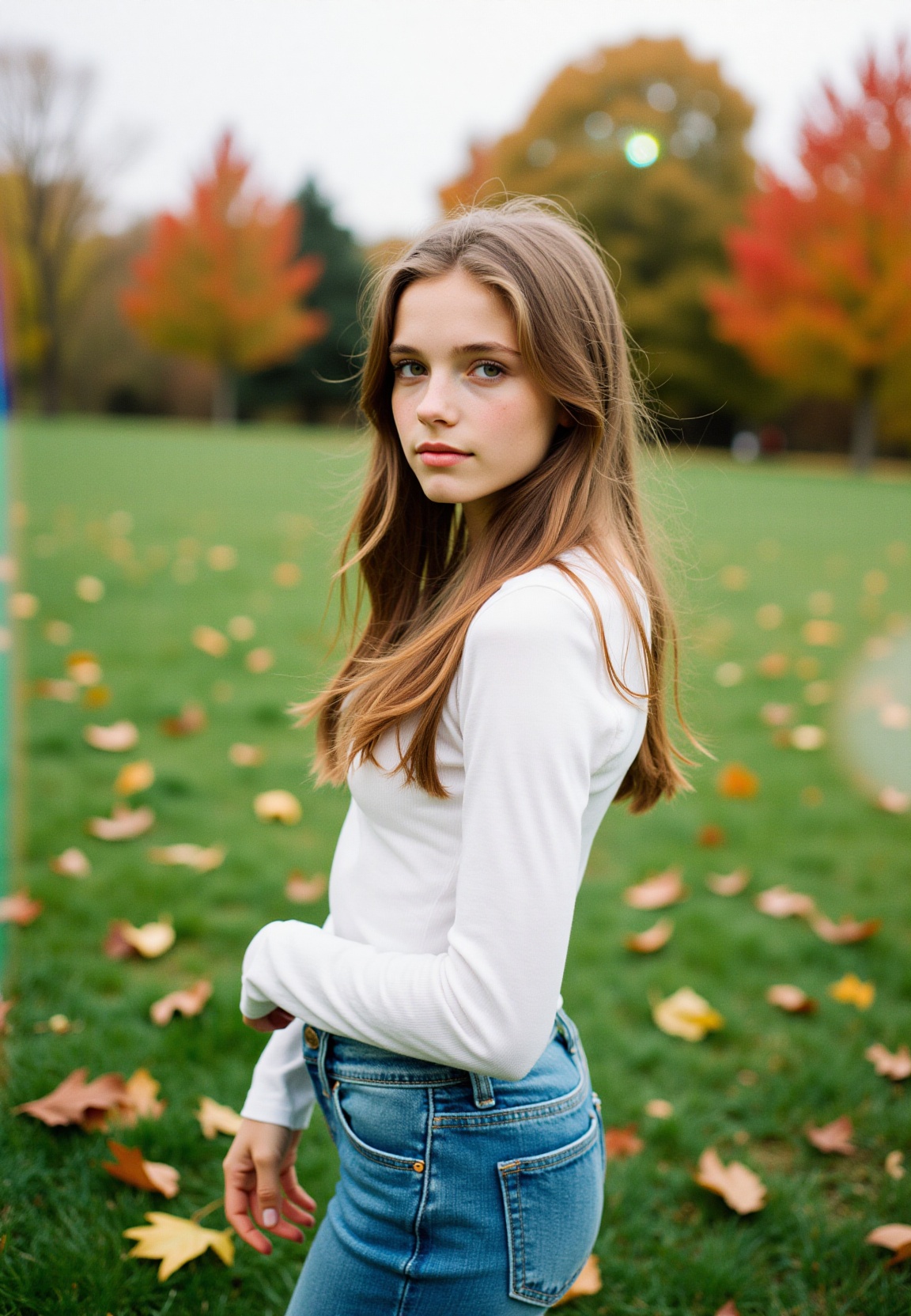 Capture a candid still photograph of a young woman in her early teens,  standing in a lush green field scattered with fall...
