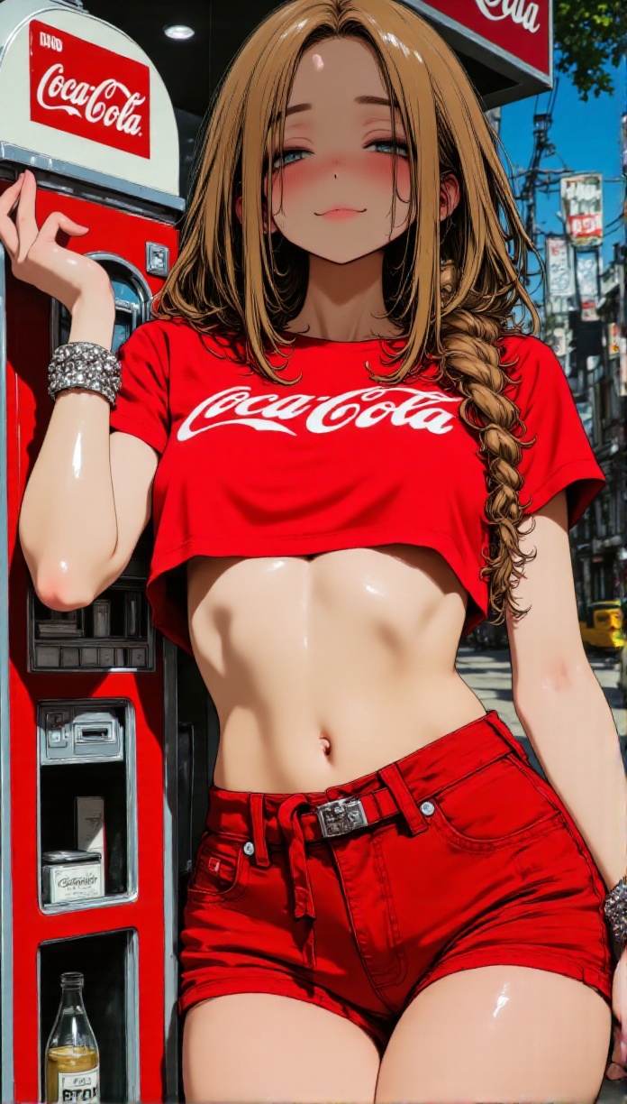 stunning woman captured from the thighs up,  her athletic frame dominating the composition against a vintage Coca-Cola ven...