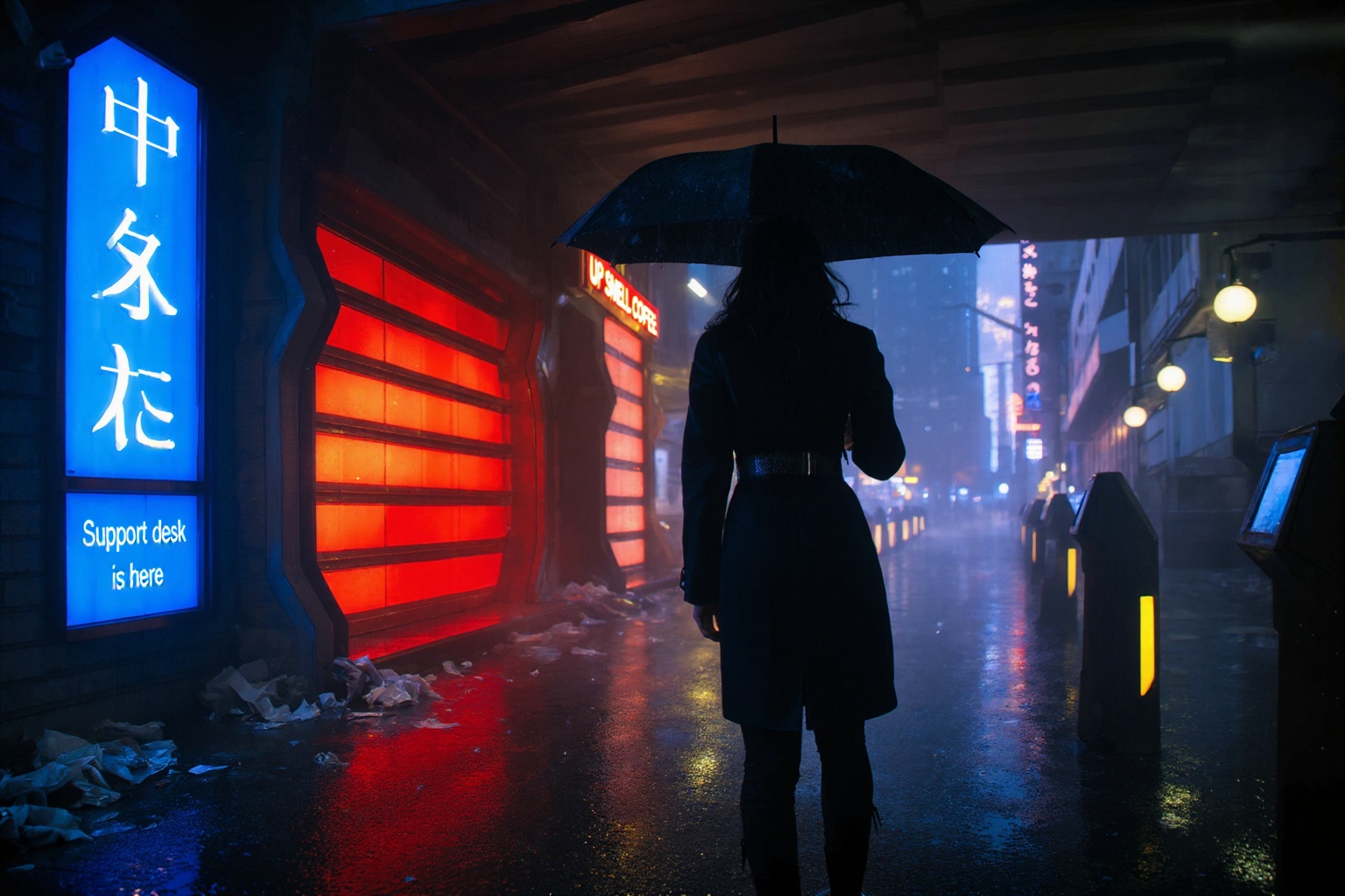 A high concept cinematic cyberpunk street photograph captures a dimly lit urban scene soaked in neon hues and atmospheric...