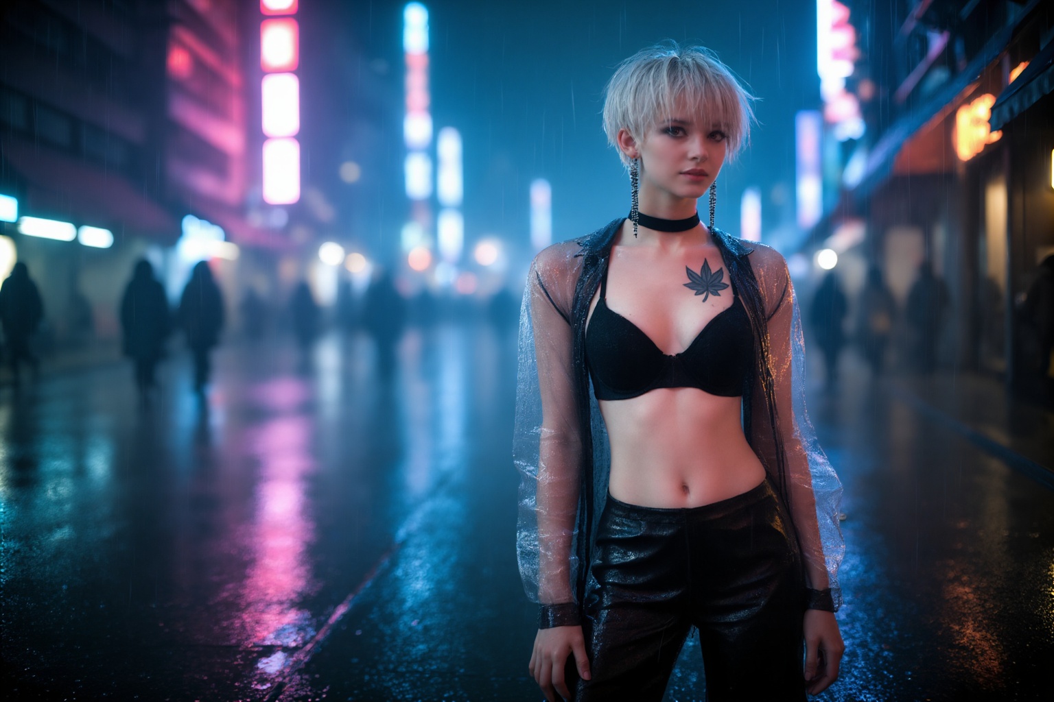 A cinematic moderately high concept high quality photograph of a cyberpunk urban nightscape,  captured with crisp resoluti...
