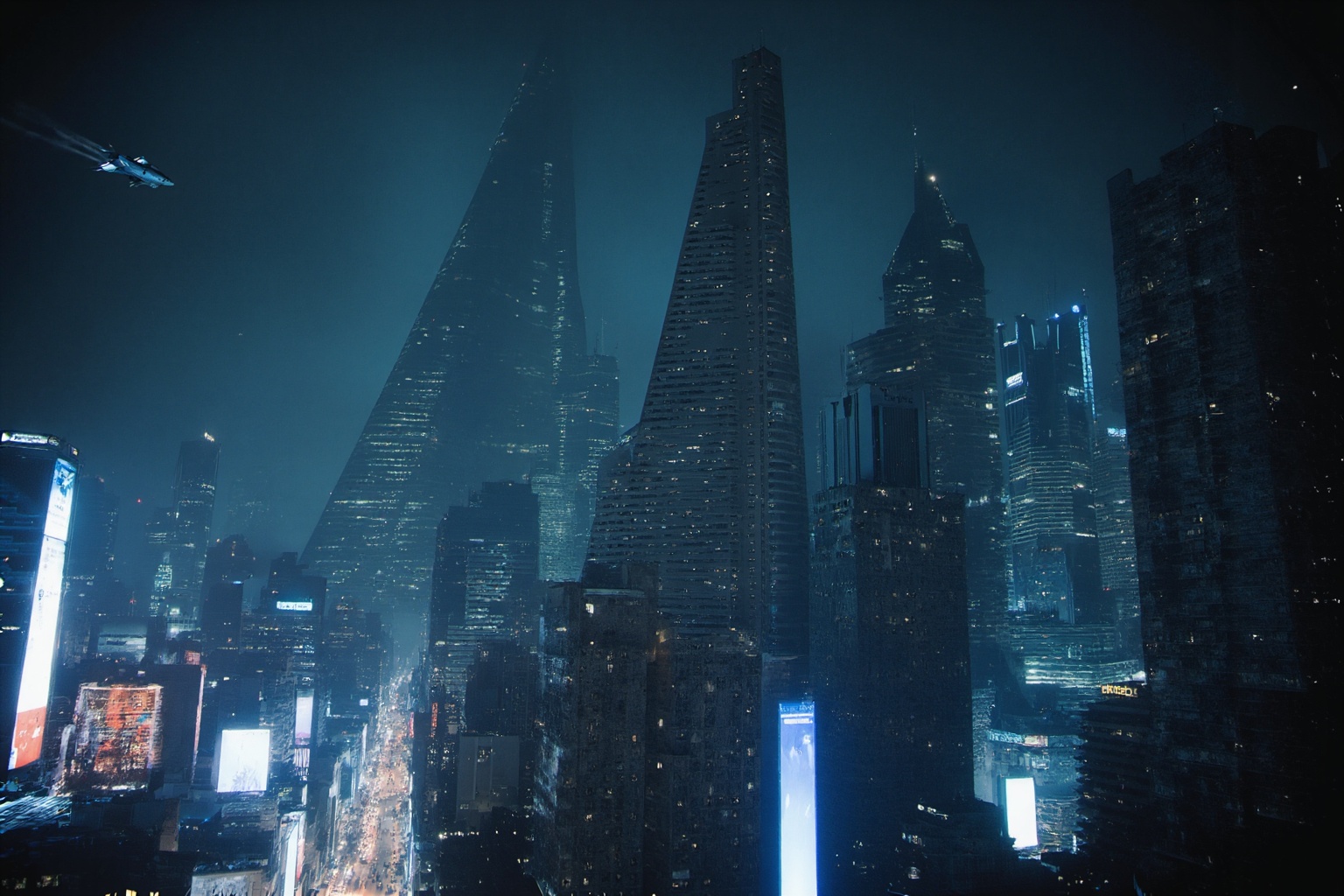 High-quality high concept photography. The scene is a panoramic,  wide shot of a futuristic cyberpunk city at night,  with...