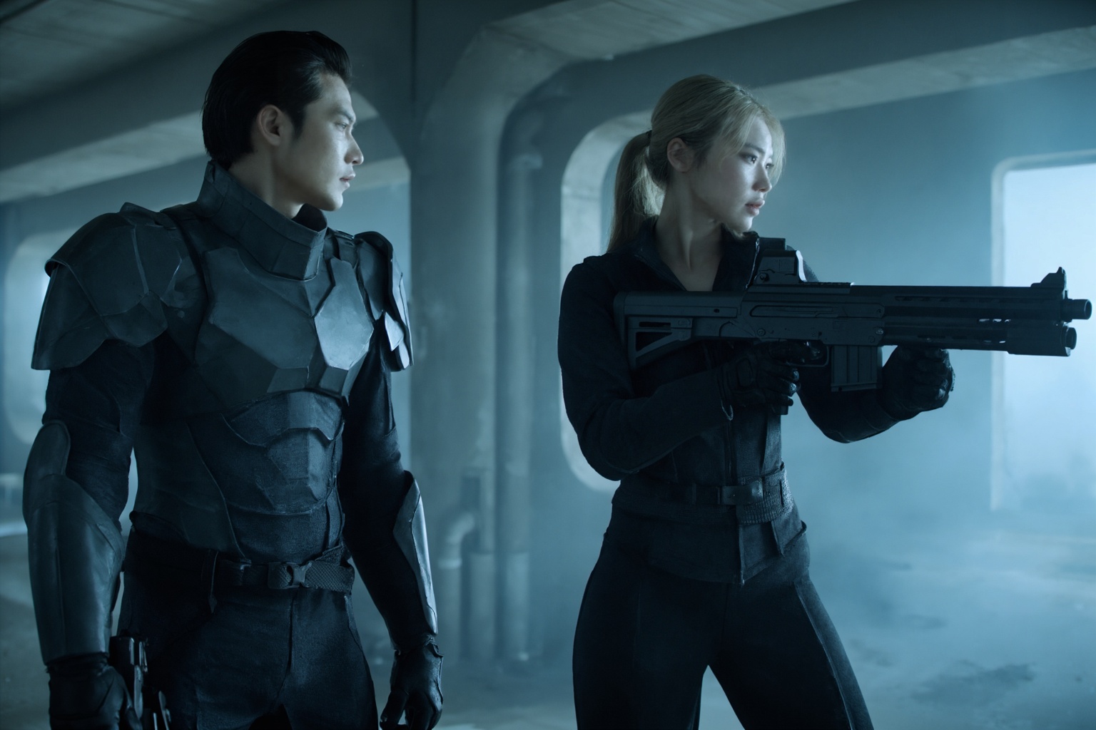 A high concept high quality cinematic mid-shot shows two characters in what appears to be a futuristic cyberpunk industria...