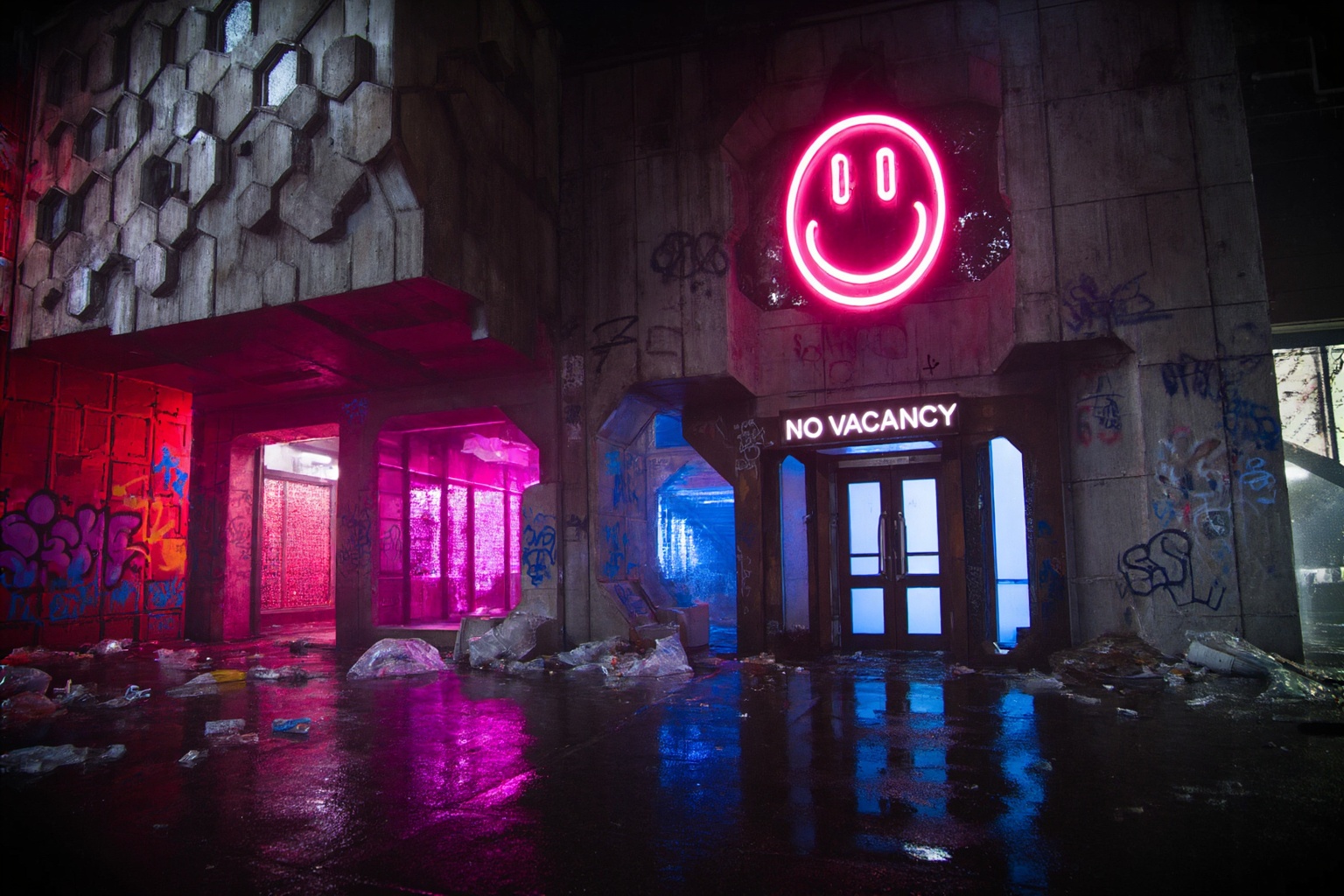 A high quality high concept photograph of a cyberpunk doorway to an unknown destination. The scene is a full,  outdoor urb...