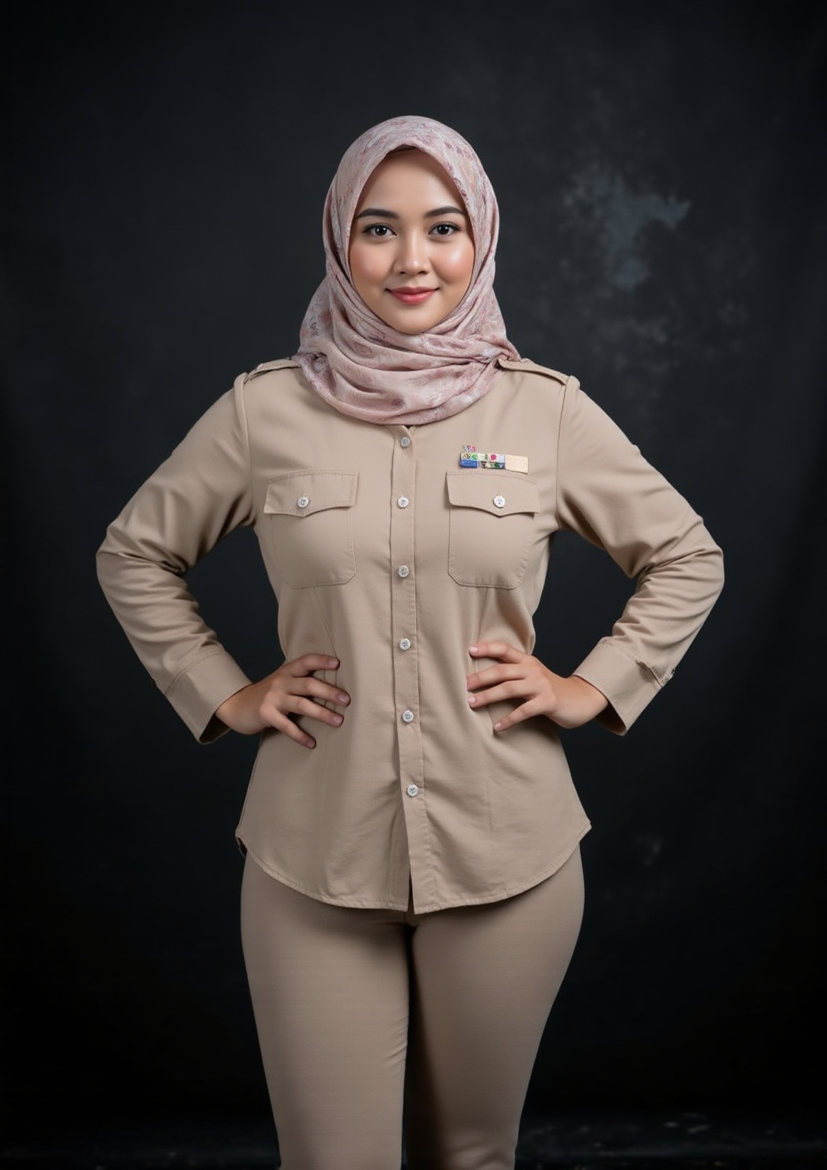 An Indonesian woman,  positioned in the center of the frame,  is depicted from mid-torso upward on Tensor.Art
