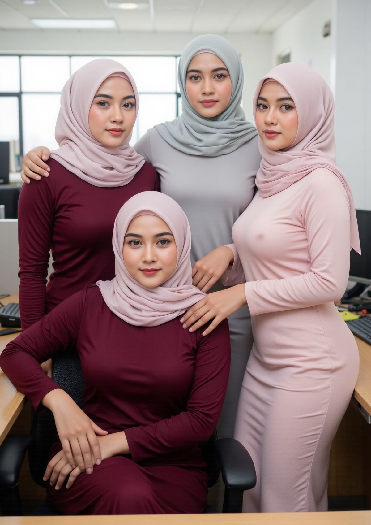 Four young Asian women are positioned in an office setting. Each woman is wearing a form-fitting satin dress in varying co...