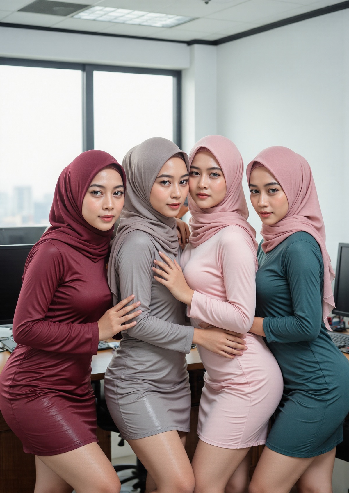 Four young Asian women are positioned in an office setting. Each woman is wearing a form-fitting satin dress in varying co...