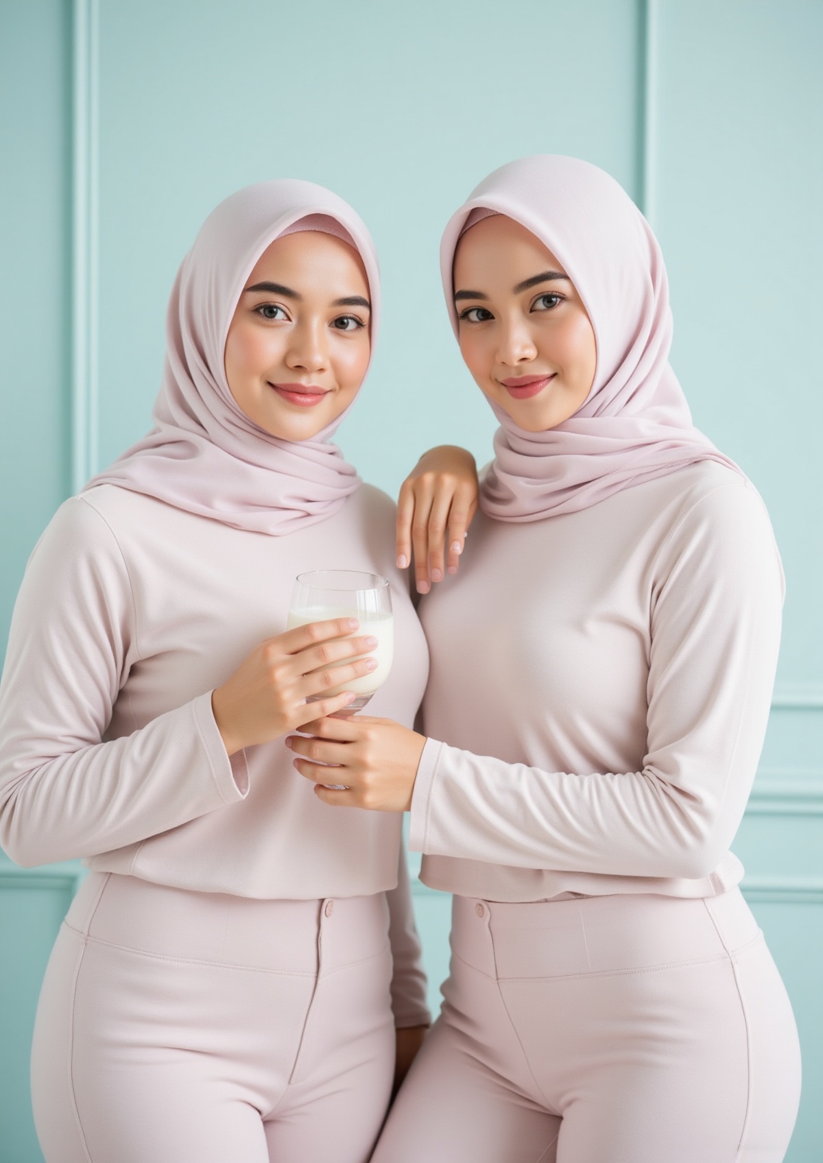 Two young Asian women are positioned close together in the frame,  posing in a bright interior setting. Both are wearing l...