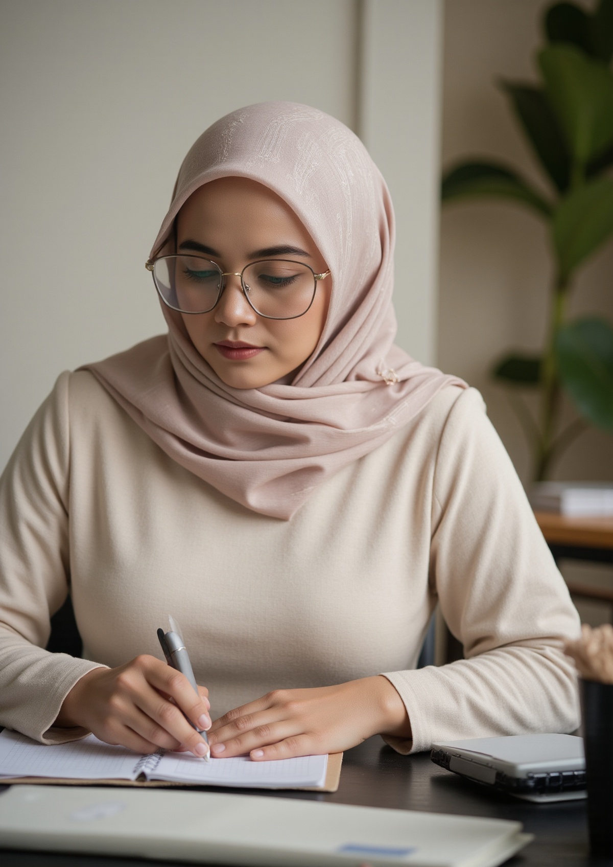 A young Asian woman,  likely in her early twenties,  is seated at a desk on Tensor.Art