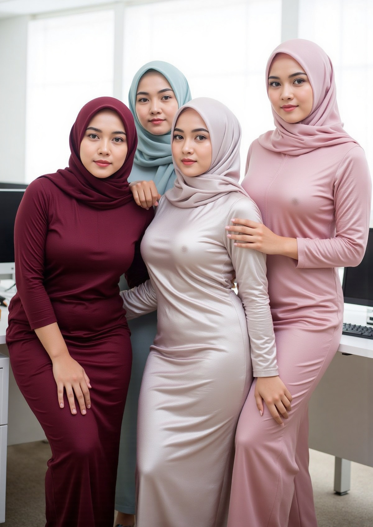 Four young Asian women are positioned in an office setting. Each woman is wearing a form-fitting satin dress in varying co...