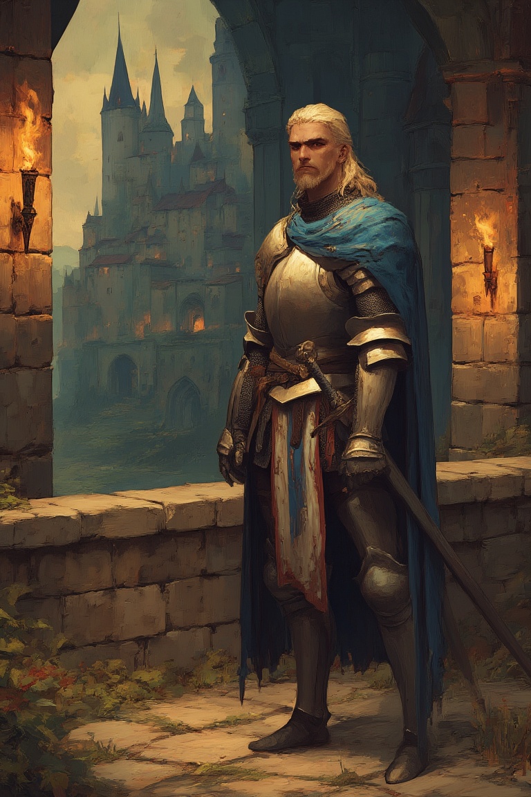 In the style of ff-pb,  a knight stands resolutely in a grand castle,  his armor gleaming under the dim light of torches h...