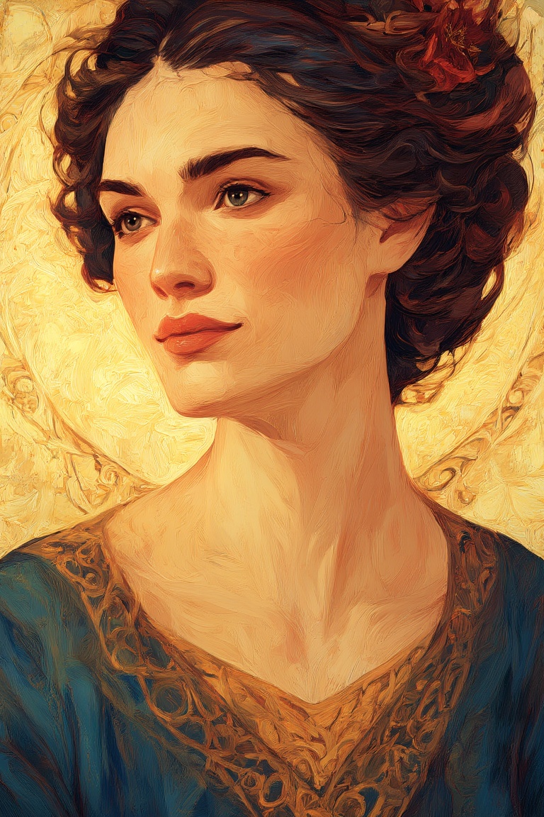 In the style of ff-pb,  create a portrait of a woman with intricate line work and vibrant colors. Focus on her expressive...