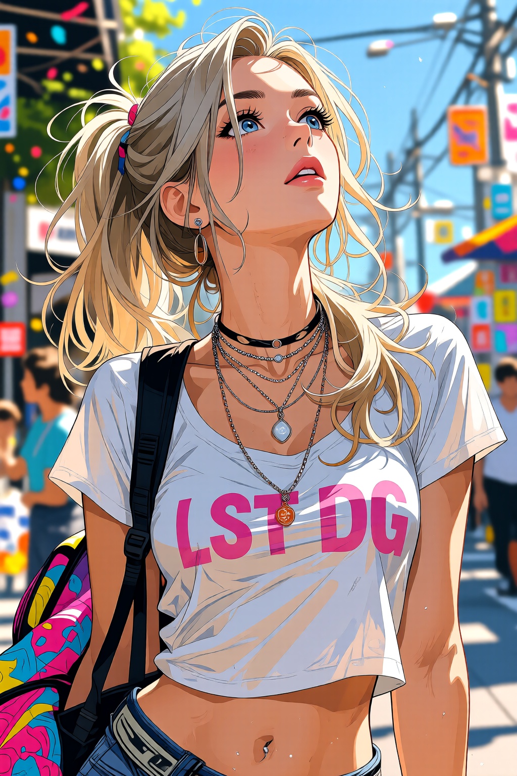 nijimix6q anime style. A young American woman with long,  blonde hair tied back,  is blowing a bubble gum while glancing s...