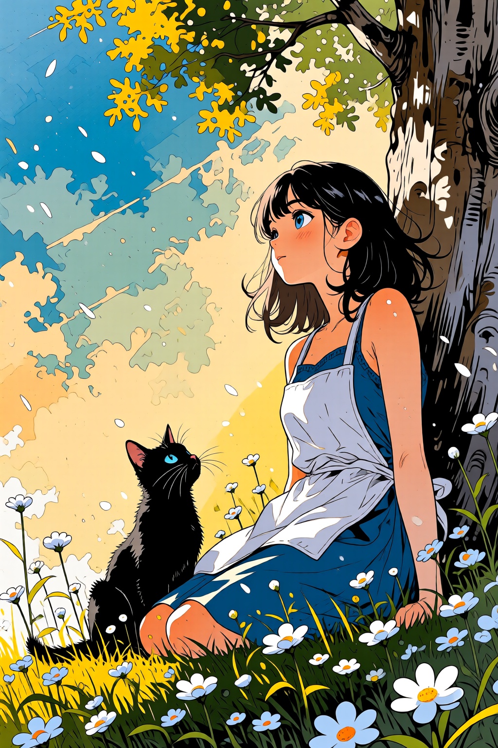 nijimix6q anime style watercolor illustration. A girl in a blue dress with a white apron sits in a grassy area with white...