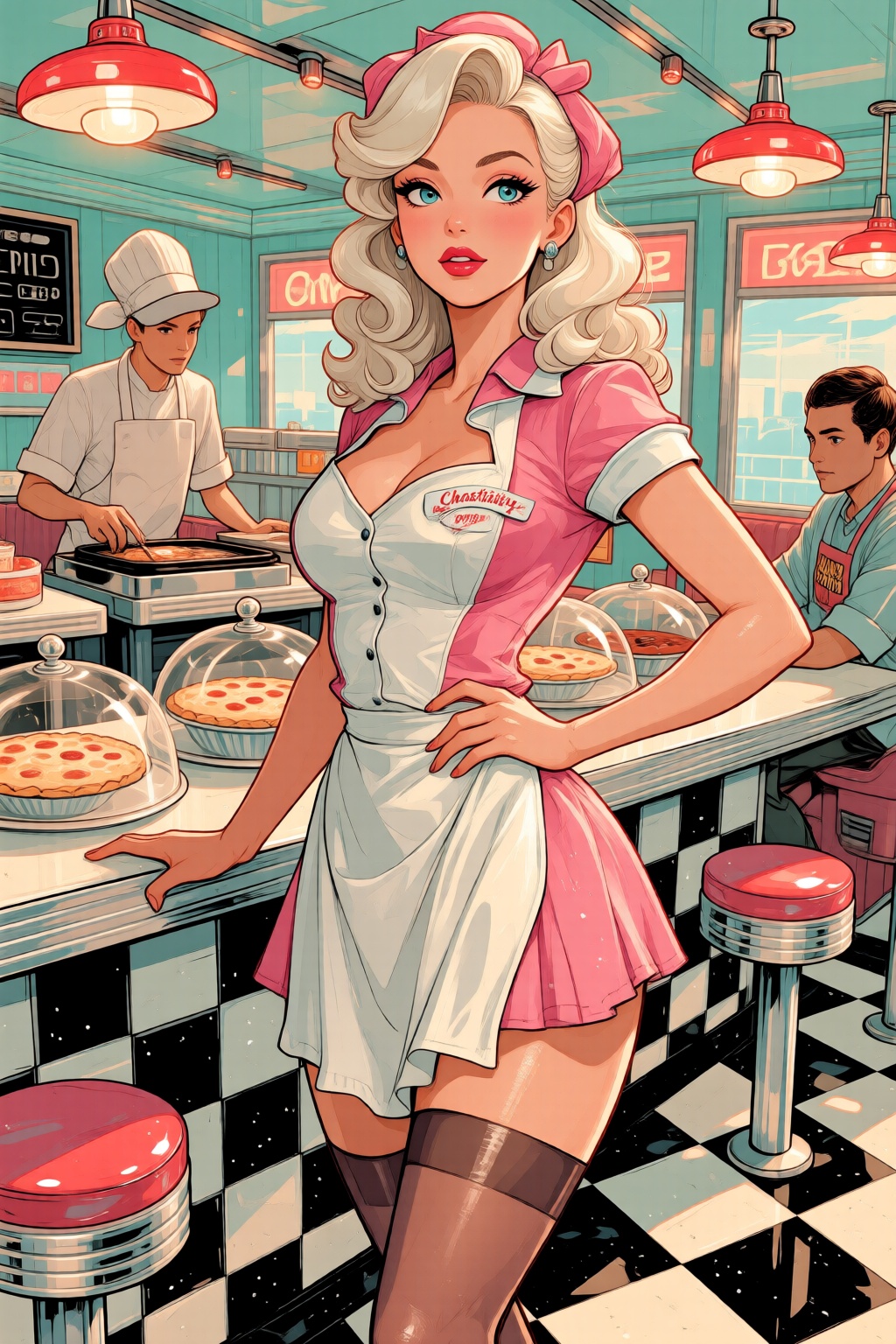 nijimix6q anime style watercolor illustration. Silmas. A waitress named "Chastity" standing behind the formica counter of...
