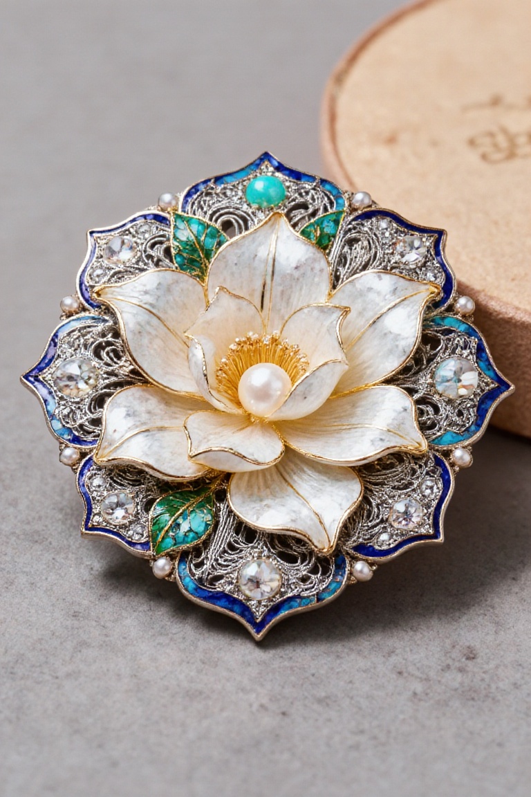 Design a brooch with jasmine as the theme,  using exquisite and delicate craftsmanship to present the elegance and softnes...