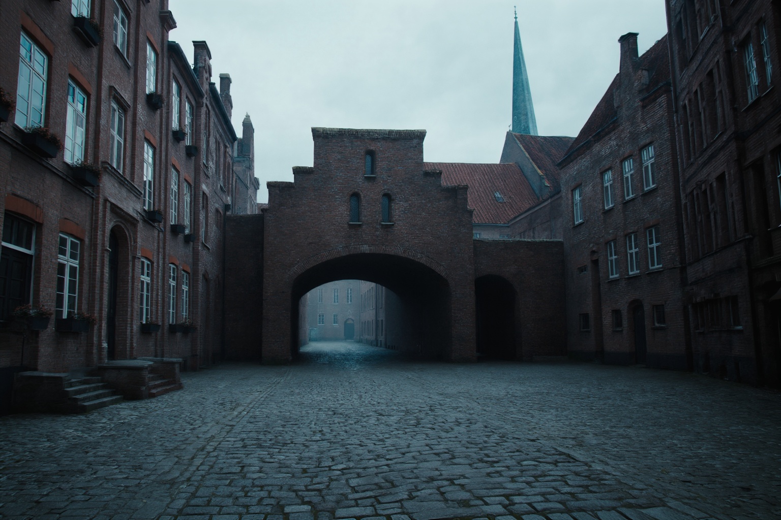A high-quality cinematic photograph. The resolution is high,  capturing the textures of the brickwork and stone. The setti...
