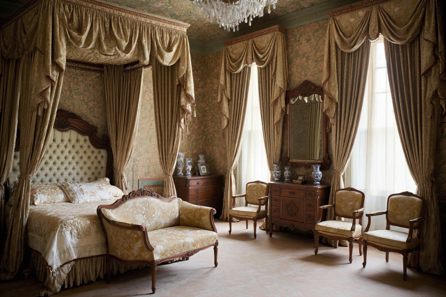 This is a photograph of a Victorian-era bedroom,  richly appointed with ornate furnishings,  floral textiles on Tensor.Art